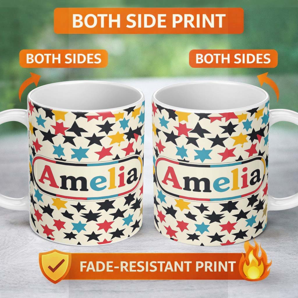 Personalized Custom Name Abstract Scattered Star Shapes Colorful Seamless Pattern Name Cute 11oz Ceramic Coffee Tea Mug White Large Handle