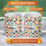 Personalized Custom Name Abstract Scattered Star Shapes Colorful Seamless Pattern Name Cute 11oz Ceramic Coffee Tea Mug White Large Handle