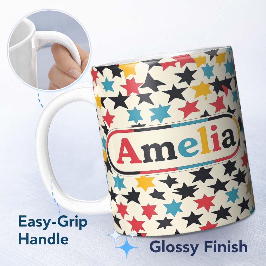 Personalized Custom Name Abstract Scattered Star Shapes Colorful Seamless Pattern Name Cute 11oz Ceramic Coffee Tea Mug White Large Handle