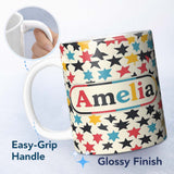 Personalized Custom Name Abstract Scattered Star Shapes Colorful Seamless Pattern Name Cute 11oz Ceramic Coffee Tea Mug White Large Handle