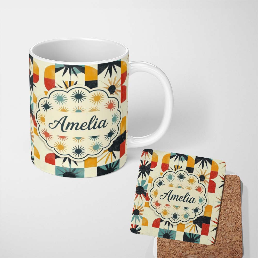 Personalized Custom Name Abstract Sunburst Geometric Shapes Colorful Seamless Pattern Name 11oz Ceramic Coffee Tea Mug White Large Handle