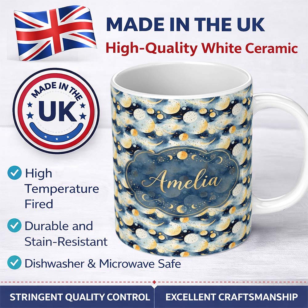 Personalized Custom Name Golden Moon and Celestial Watercolor Night Sky Seamless Pattern 11oz Ceramic Coffee Tea Mug White Large Handle