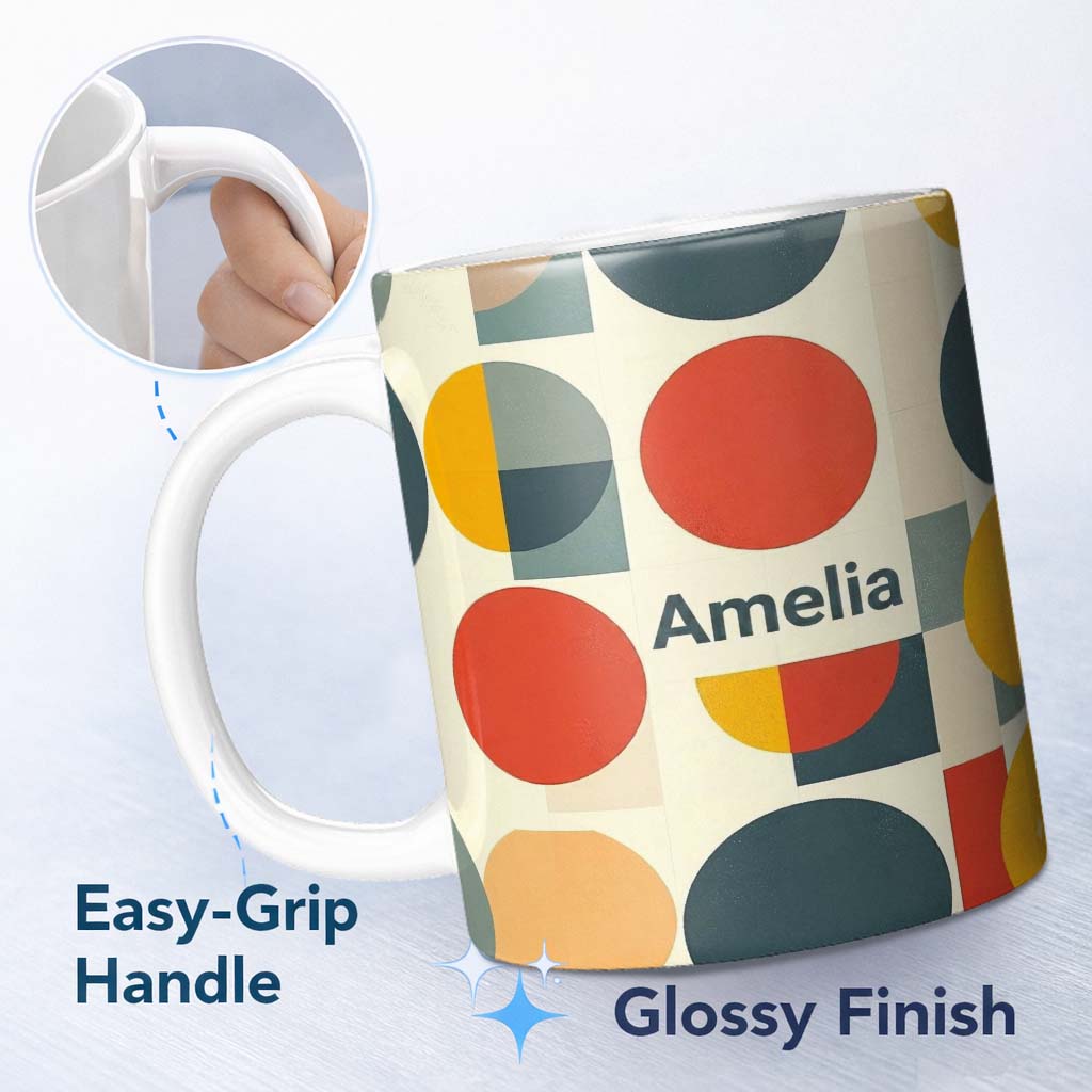 Personalized Custom Name Abstract Modern Circle Blocks Minimal Geometric Seamless Pattern 11oz Ceramic Coffee Tea Mug White Large Handle