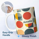 Personalized Custom Name Abstract Modern Circle Blocks Minimal Geometric Seamless Pattern 11oz Ceramic Coffee Tea Mug White Large Handle