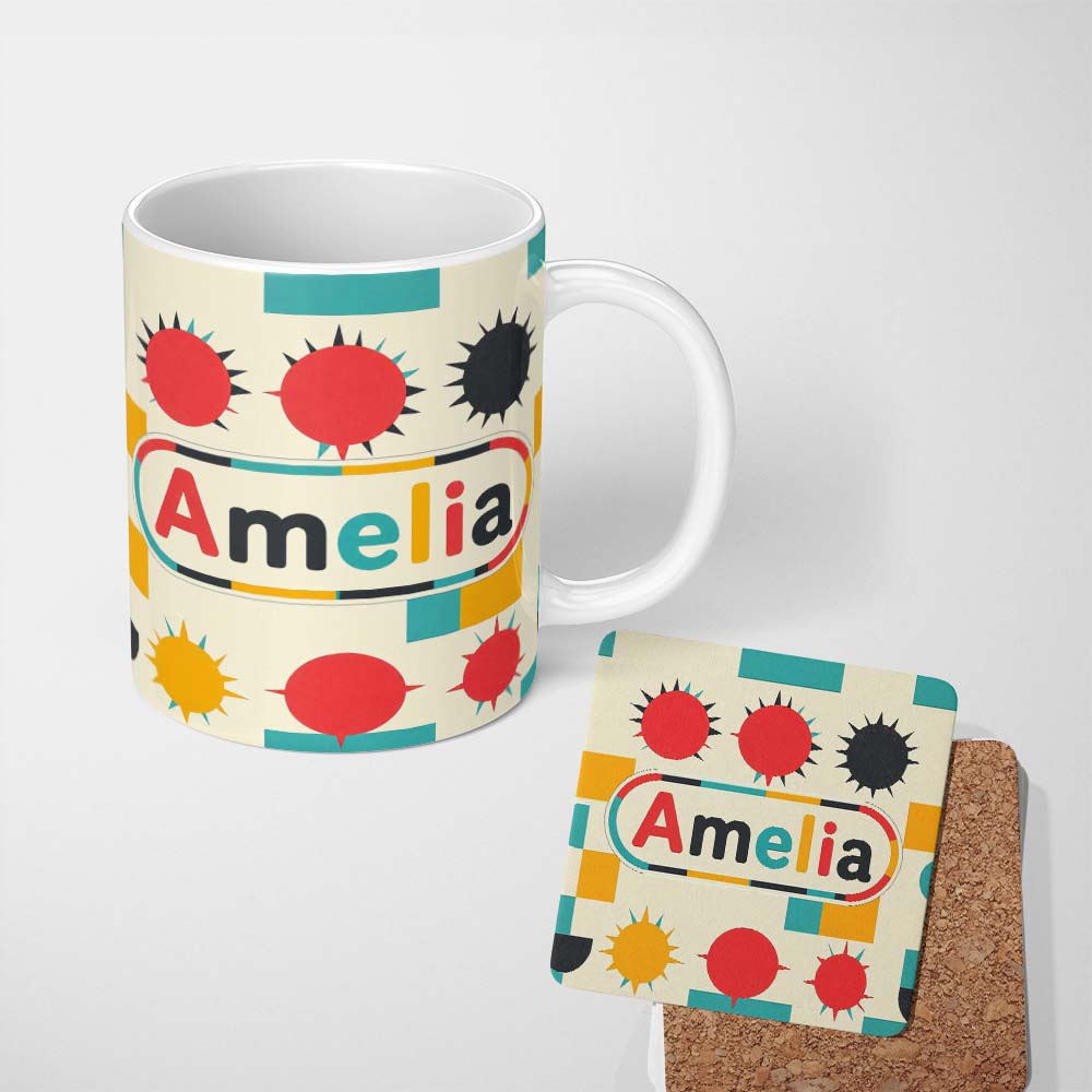Personalized Custom Name Abstract Spiky Sun Shapes Colorful Seamless Pattern Name Cute 11oz Ceramic Coffee Tea Mug White Large Handle