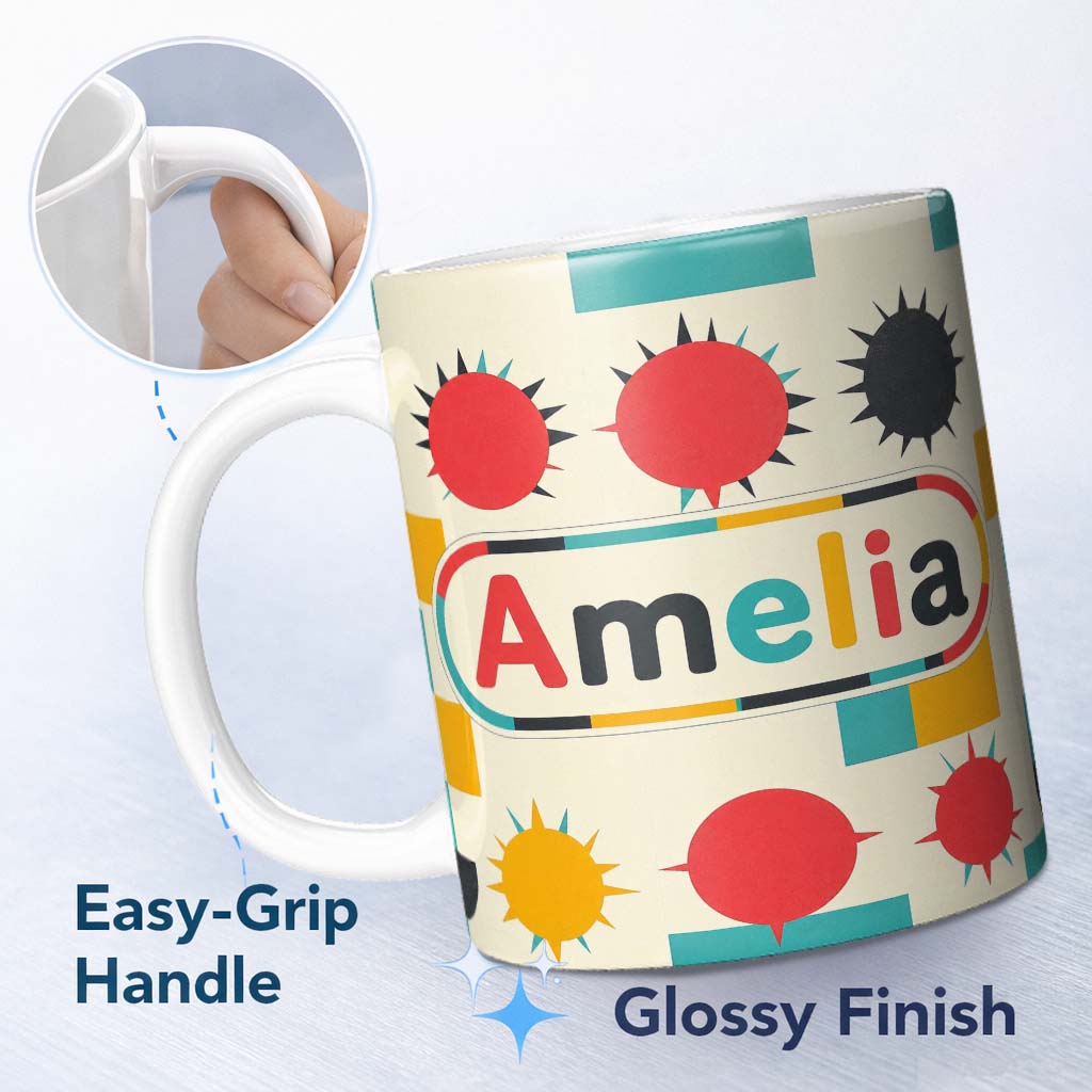Personalized Custom Name Abstract Spiky Sun Shapes Colorful Seamless Pattern Name Cute 11oz Ceramic Coffee Tea Mug White Large Handle