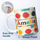Personalized Custom Name Abstract Spiky Sun Shapes Colorful Seamless Pattern Name Cute 11oz Ceramic Coffee Tea Mug White Large Handle