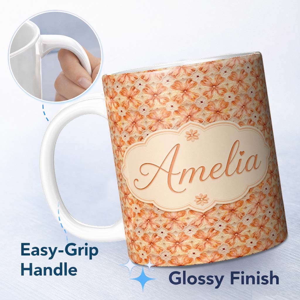Personalized Custom Name Warm Orange Floral Mosaic Ornamental Seamless Pattern Lovely 11oz Ceramic Coffee Tea Mug White Large Handle