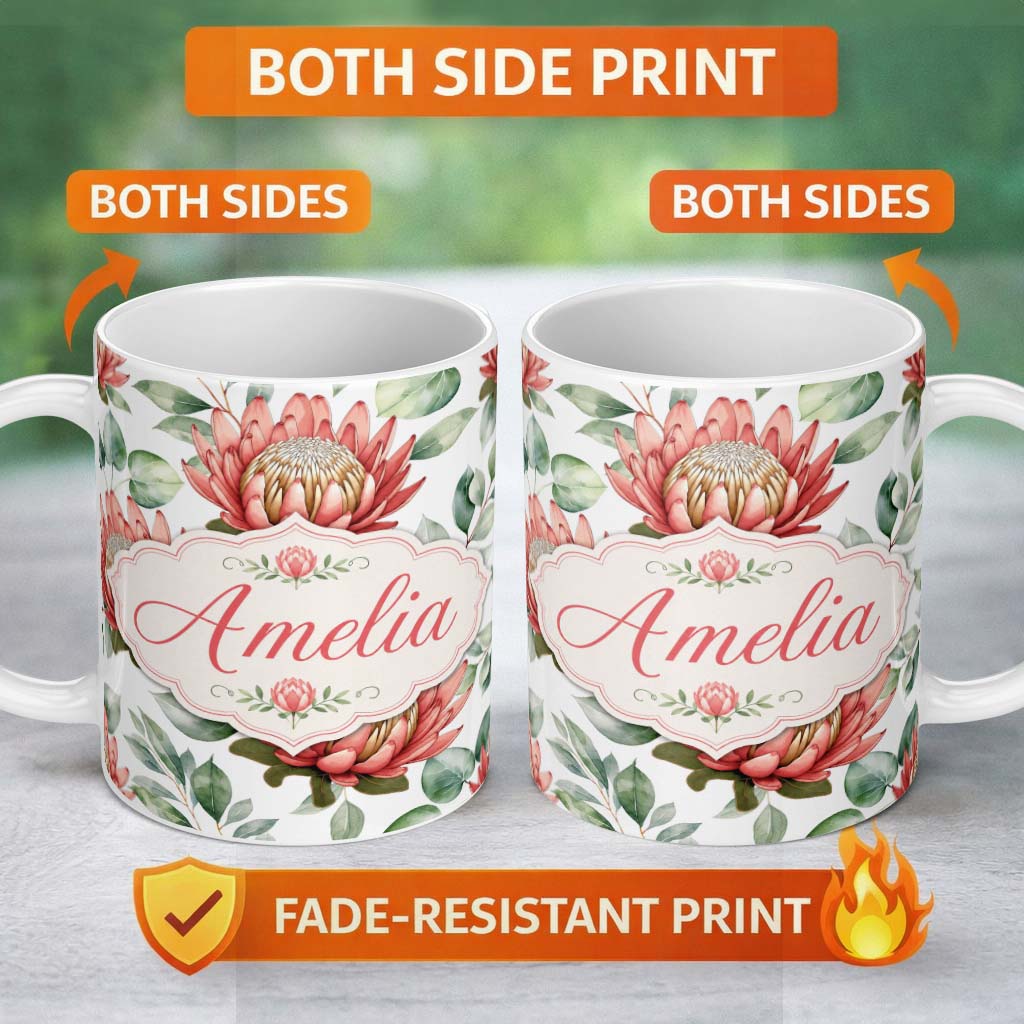 Personalized Custom Name Coral Protea Flowers on Light Grey Background Seamless Botanical 11oz Ceramic Coffee Tea Mug White Large Handle