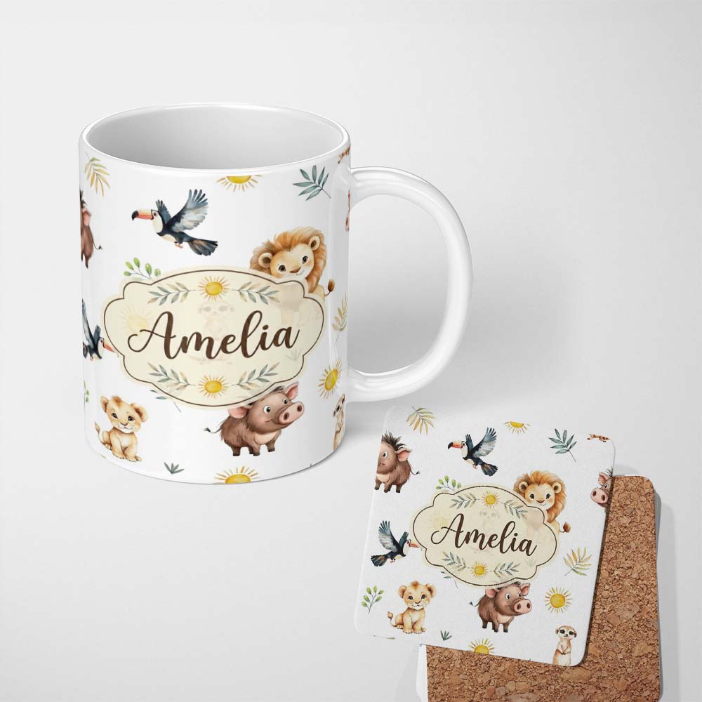Personalized Custom Name Cute Safari Animals Lion Meerkat Toucan and Warthog with Sun and 11oz Ceramic Coffee Tea Mug White Large Handle