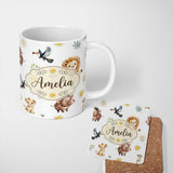 Personalized Custom Name Cute Safari Animals Lion Meerkat Toucan and Warthog with Sun and 11oz Ceramic Coffee Tea Mug White Large Handle