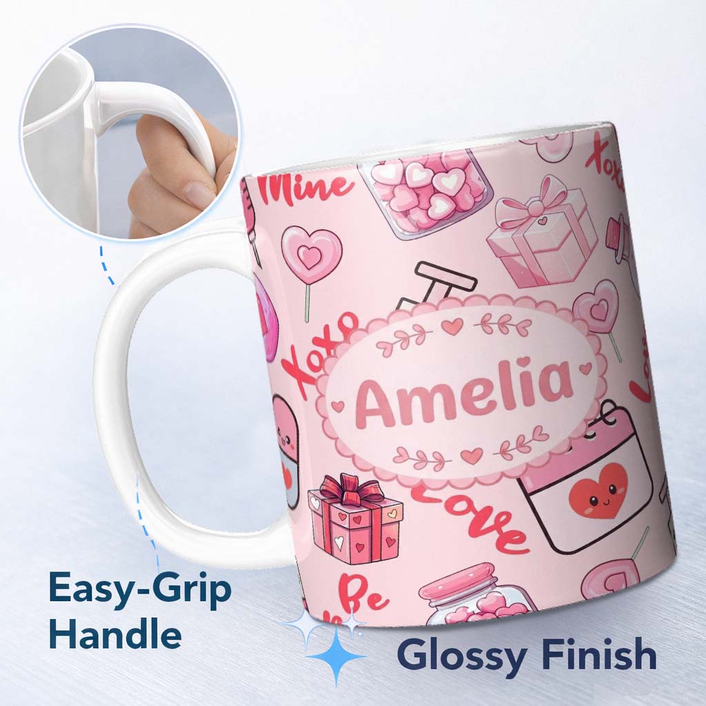 Personalized Custom Name Cute Kawaii Valentine Love Hearts Syringe Gift Calendar Beige Lovely 11oz Ceramic Coffee Tea Mug White Large Handle