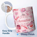 Personalized Custom Name Cute Kawaii Valentine Love Hearts Syringe Gift Calendar Beige Lovely 11oz Ceramic Coffee Tea Mug White Large Handle