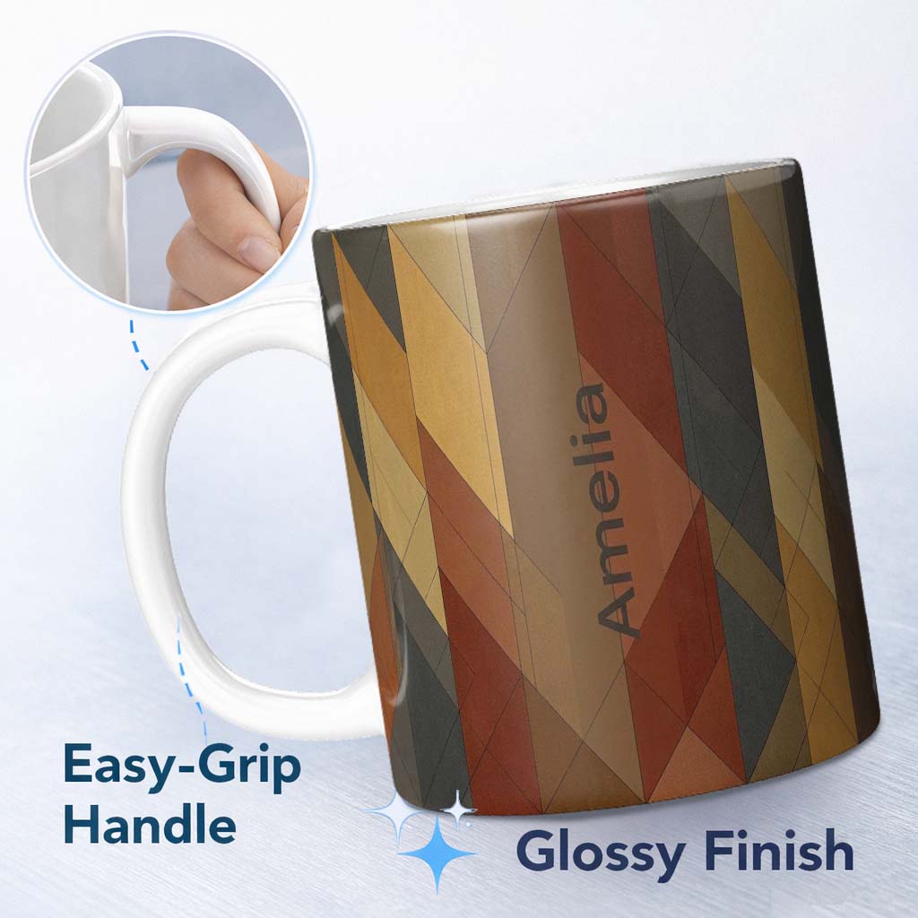 Personalized Custom Name Abstract Warm Tone Geometric Faceted Shapes Seamless Pattern Name 11oz Ceramic Coffee Tea Mug White Large Handle