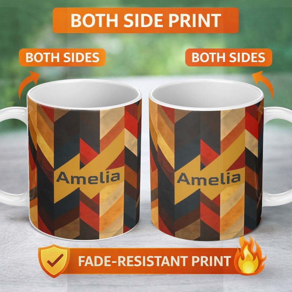 Personalized Custom Name Abstract Vintage Chevron Gradient Stripes Seamless Pattern Name Cute 11oz Ceramic Coffee Tea Mug White Large Handle