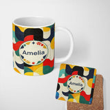 Personalized Custom Name Abstract Organic Curved Shapes Colorful Seamless Pattern Name Cute 11oz Ceramic Coffee Tea Mug White Large Handle