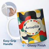 Personalized Custom Name Abstract Organic Curved Shapes Colorful Seamless Pattern Name Cute 11oz Ceramic Coffee Tea Mug White Large Handle