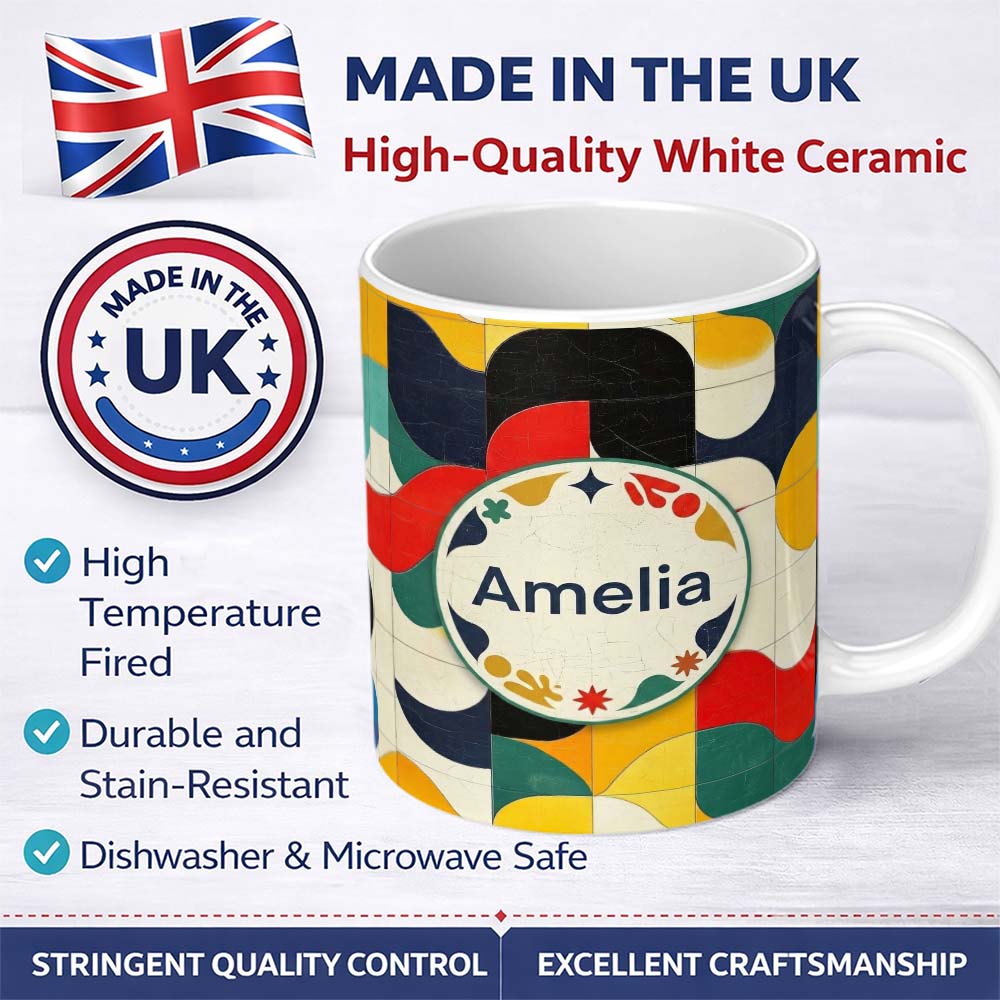 Personalized Custom Name Abstract Organic Curved Shapes Colorful Seamless Pattern Name Cute 11oz Ceramic Coffee Tea Mug White Large Handle