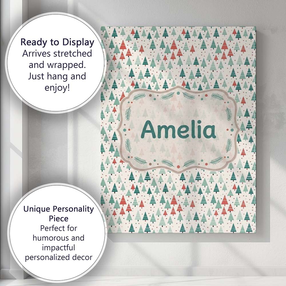 Personalised Name Small Repeating Christmas Trees Red Green Seamless Custom  Home Canvas Wall Art Print Decor Picture Ready to Hang