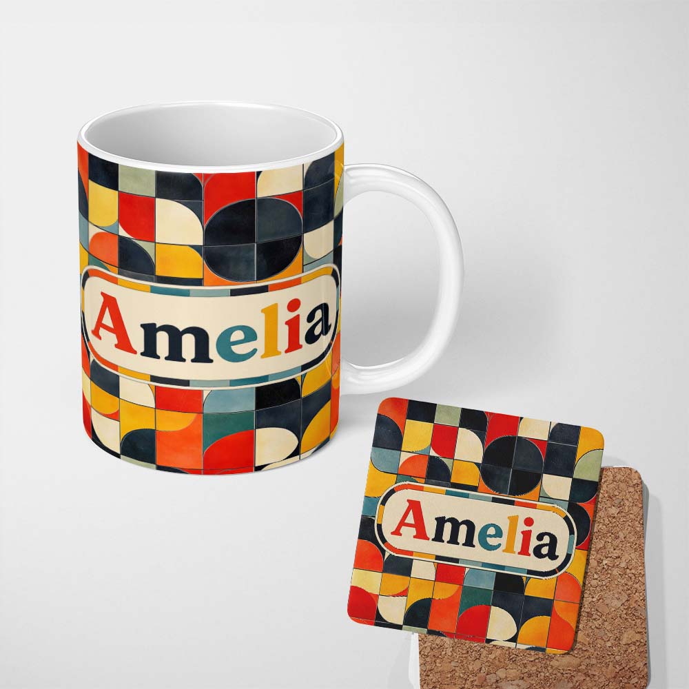 Personalized Custom Name Abstract Mid Century Geometric Tile Pattern Colorful Seamless Name 11oz Ceramic Coffee Tea Mug White Large Handle