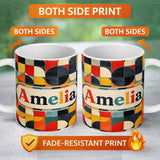 Personalized Custom Name Abstract Mid Century Geometric Tile Pattern Colorful Seamless Name 11oz Ceramic Coffee Tea Mug White Large Handle