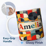 Personalized Custom Name Abstract Mid Century Geometric Tile Pattern Colorful Seamless Name 11oz Ceramic Coffee Tea Mug White Large Handle