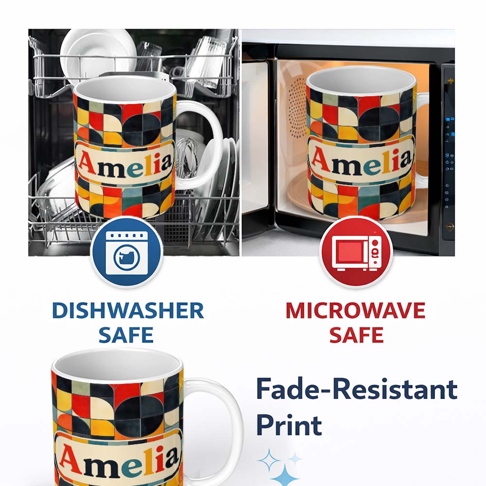 Personalized Custom Name Abstract Mid Century Geometric Tile Pattern Colorful Seamless Name 11oz Ceramic Coffee Tea Mug White Large Handle