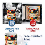 Personalized Custom Name Abstract Mid Century Geometric Tile Pattern Colorful Seamless Name 11oz Ceramic Coffee Tea Mug White Large Handle