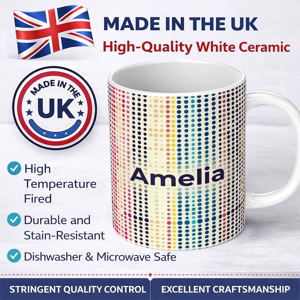Personalized Custom Name Abstract Colorful Polka Dot Gradient Stripes Seamless Pattern Name 11oz Ceramic Coffee Tea Mug White Large Handle