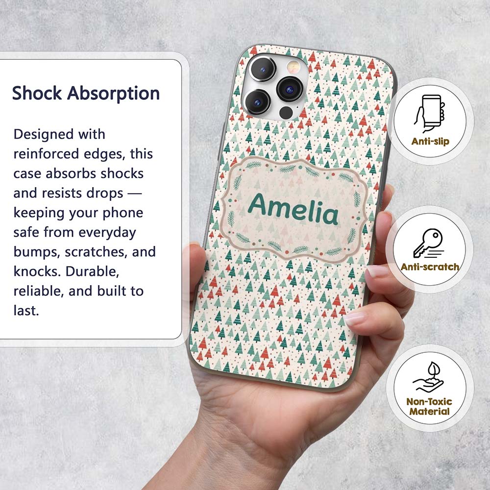 Small Repeating Christmas Trees Printed Design Custom Name Protective Phone Case Mobile Cover Durable Everyday Smartphone Shock Resistant