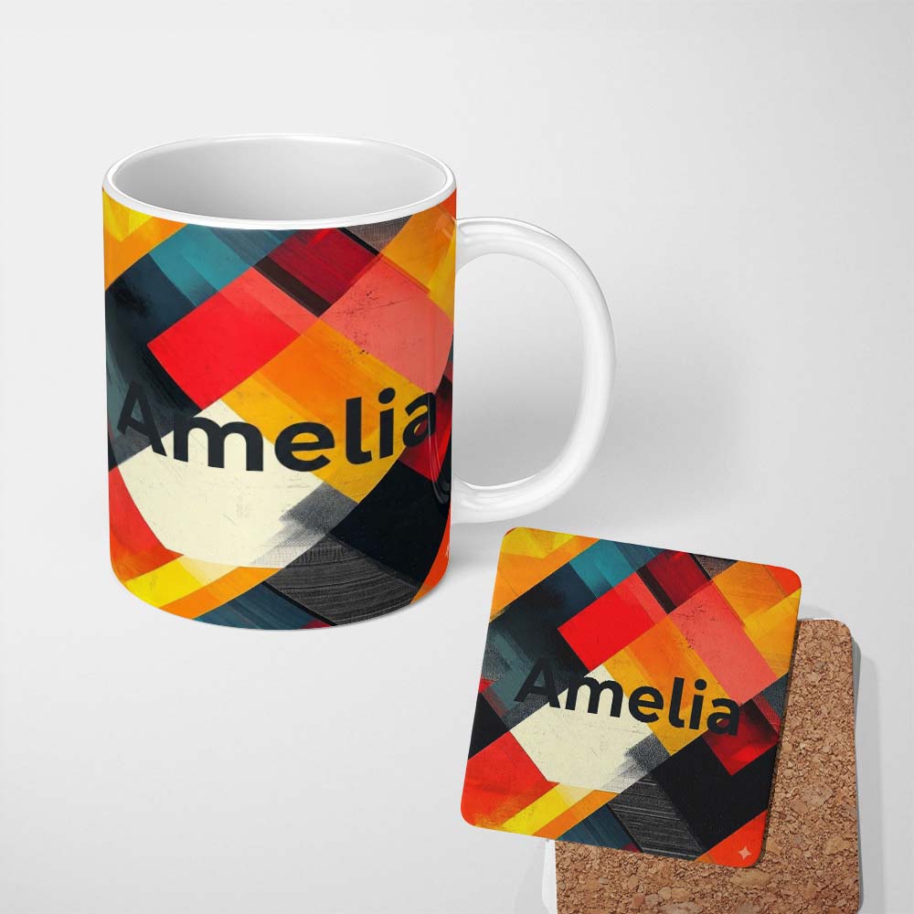 Personalized Custom Name Abstract Bold Overlapping Geometric Blocks Modern Seamless Pattern 11oz Ceramic Coffee Tea Mug White Large Handle