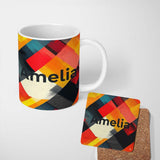 Personalized Custom Name Abstract Bold Overlapping Geometric Blocks Modern Seamless Pattern 11oz Ceramic Coffee Tea Mug White Large Handle