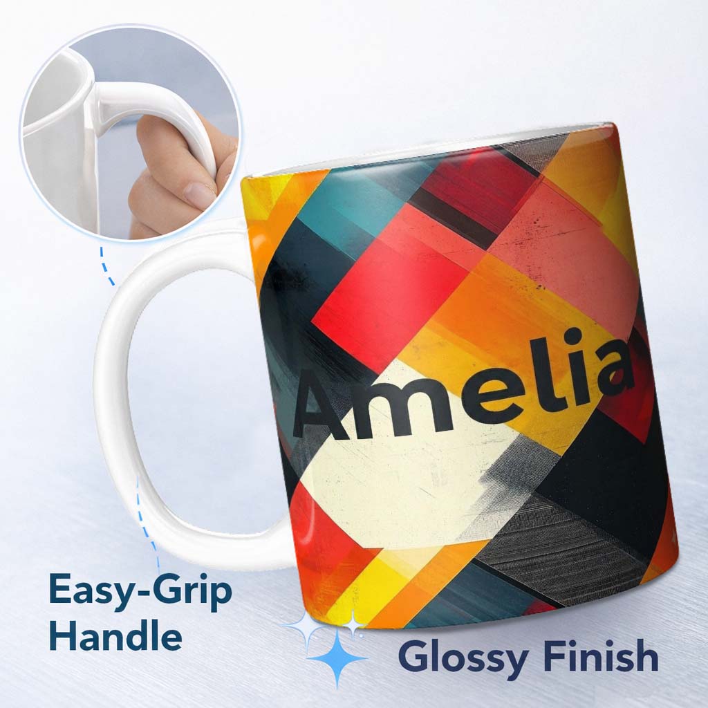 Personalized Custom Name Abstract Bold Overlapping Geometric Blocks Modern Seamless Pattern 11oz Ceramic Coffee Tea Mug White Large Handle