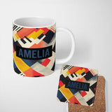 Personalized Custom Name Abstract Halftone Geometric Shapes Colorful Seamless Pattern Name 11oz Ceramic Coffee Tea Mug White Large Handle