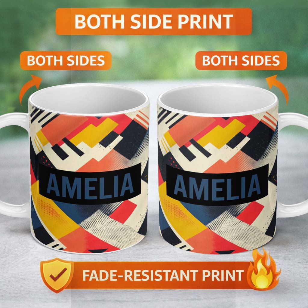 Personalized Custom Name Abstract Halftone Geometric Shapes Colorful Seamless Pattern Name 11oz Ceramic Coffee Tea Mug White Large Handle