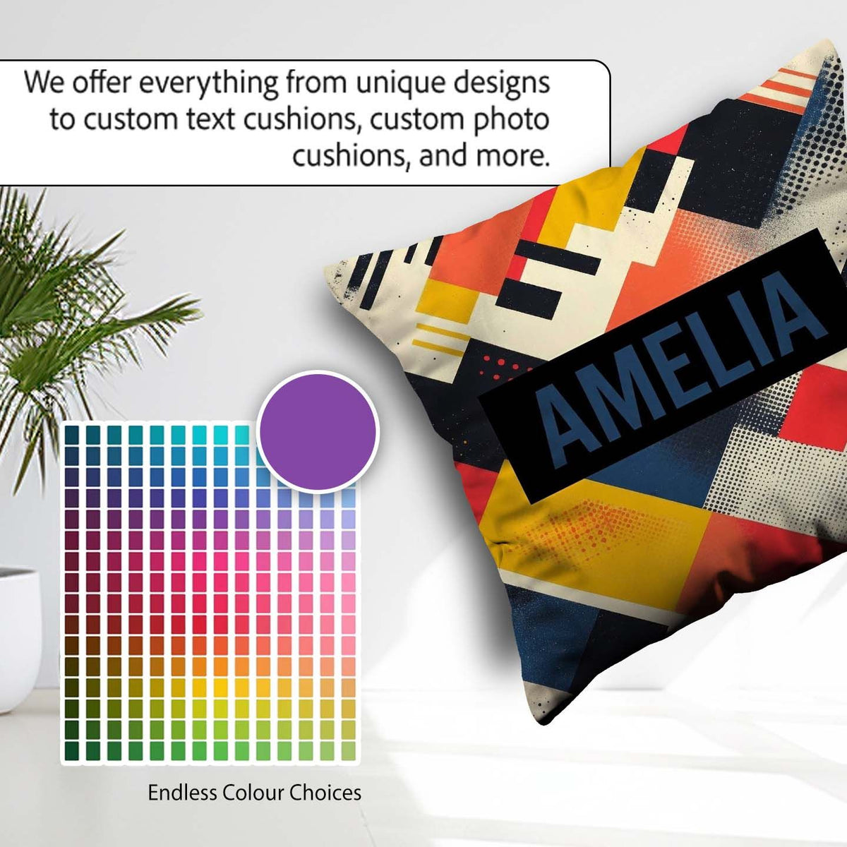 Custom Name Abstract Halftone Geometric Shapes Colorful Seamless Square Filled Cushion Throw Pillow Sofa Bed Home Decor Zip Washable UK Made