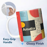 Personalized Custom Name Abstract Minimal Modern Shapes with Dots Seamless Pattern Custom 11oz Ceramic Coffee Tea Mug White Large Handle