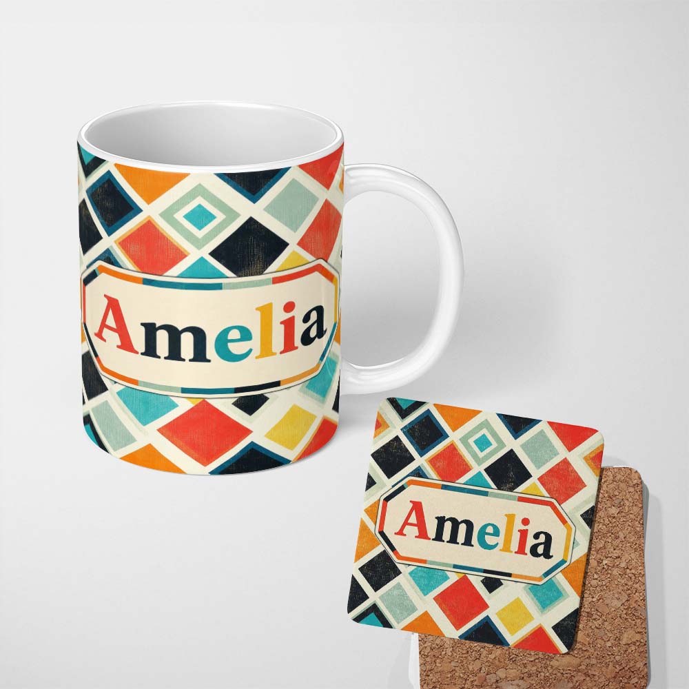 Personalized Custom Name Abstract Mid Century Diamond Shapes Colorful Seamless Pattern Name 11oz Ceramic Coffee Tea Mug White Large Handle