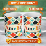 Personalized Custom Name Abstract Mid Century Diamond Shapes Colorful Seamless Pattern Name 11oz Ceramic Coffee Tea Mug White Large Handle