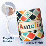Personalized Custom Name Abstract Mid Century Diamond Shapes Colorful Seamless Pattern Name 11oz Ceramic Coffee Tea Mug White Large Handle