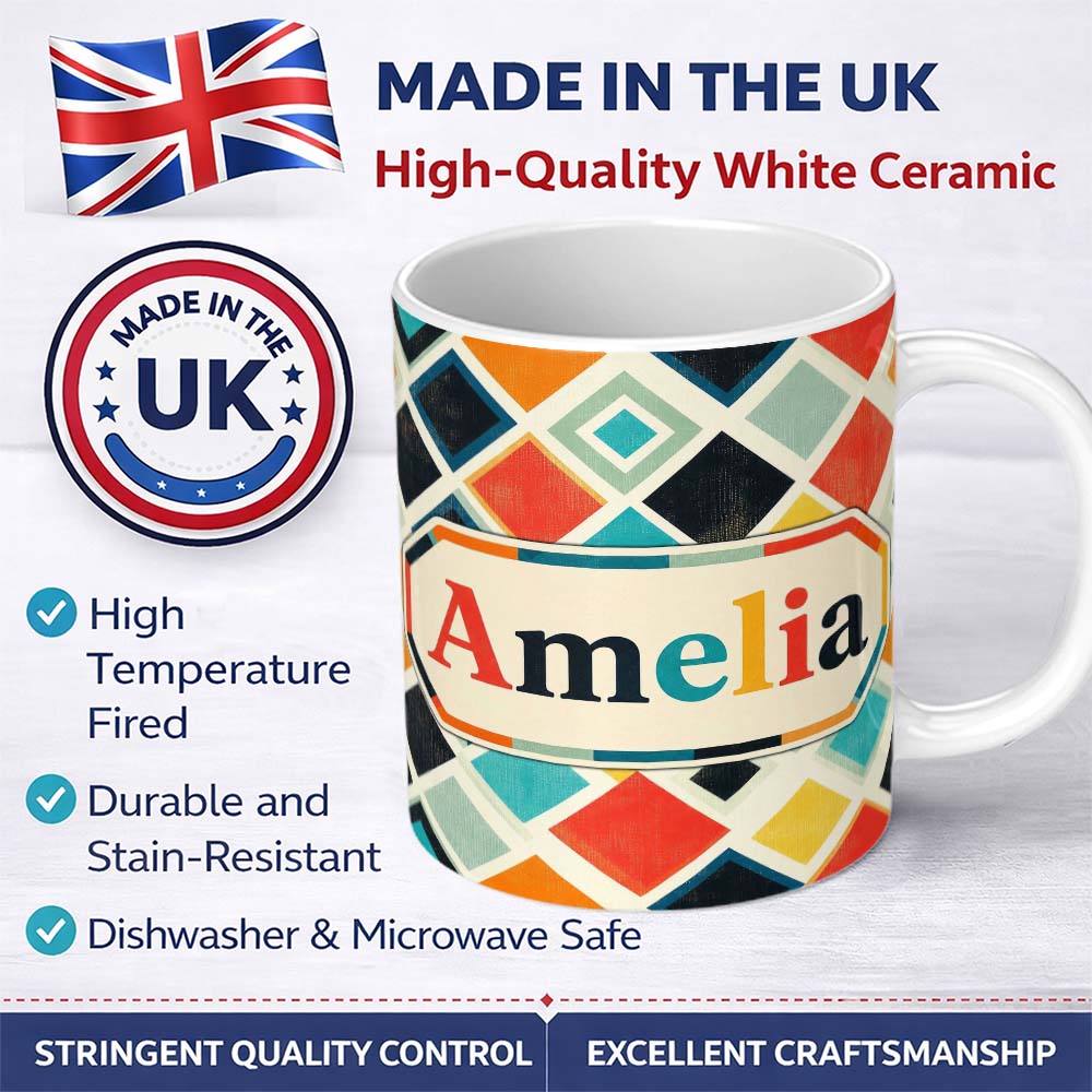 Personalized Custom Name Abstract Mid Century Diamond Shapes Colorful Seamless Pattern Name 11oz Ceramic Coffee Tea Mug White Large Handle