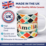 Personalized Custom Name Abstract Mid Century Diamond Shapes Colorful Seamless Pattern Name 11oz Ceramic Coffee Tea Mug White Large Handle
