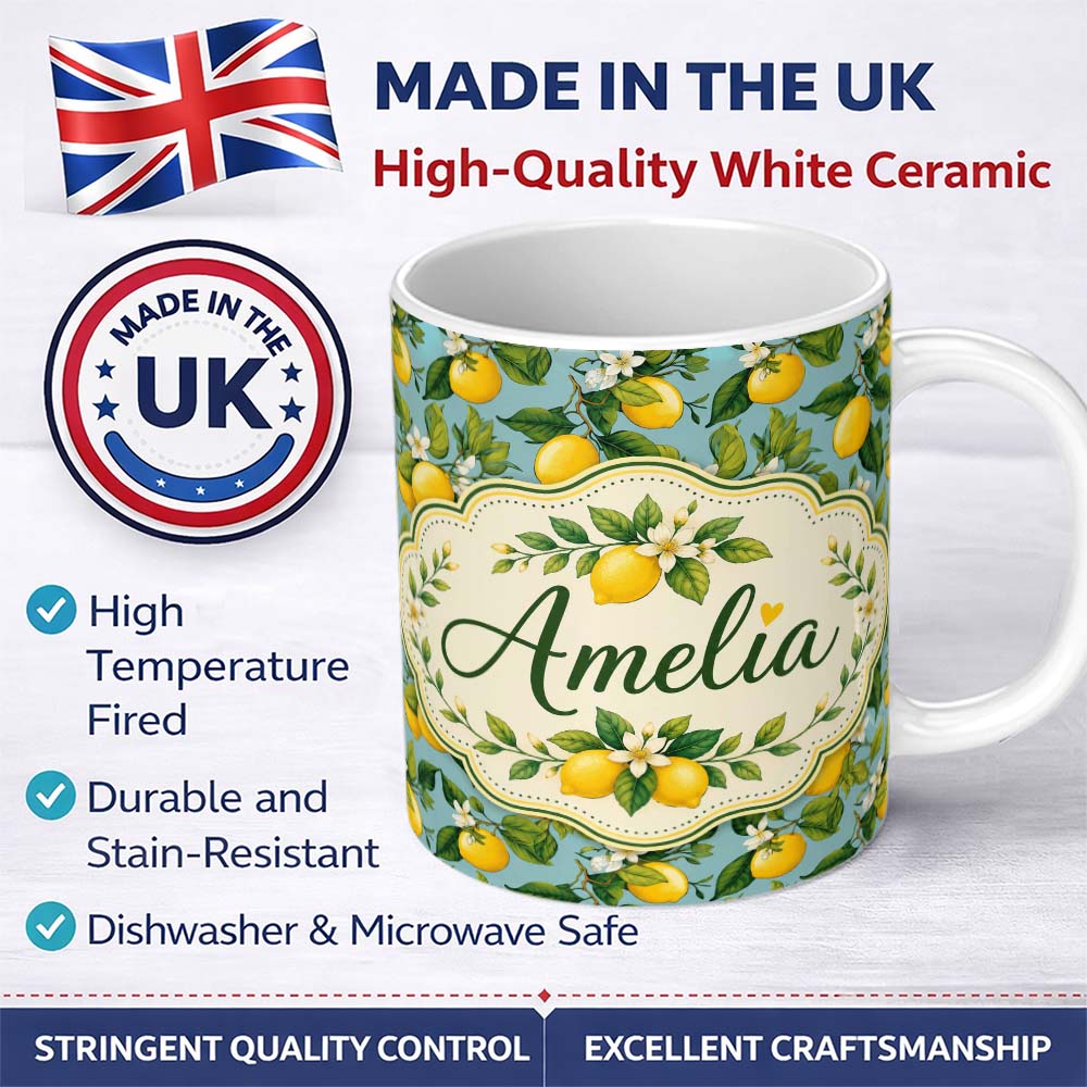 Personalized Custom Name Vintage Lemon Tree Branches on Blue Background Botanical Seamless 11oz Ceramic Coffee Tea Mug White Large Handle