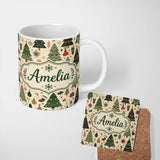 Personalized Custom Name Vintage Christmas Trees Ornaments Snowflakes Festive Seamless Lovely 11oz Ceramic Coffee Tea Mug White Large Handle
