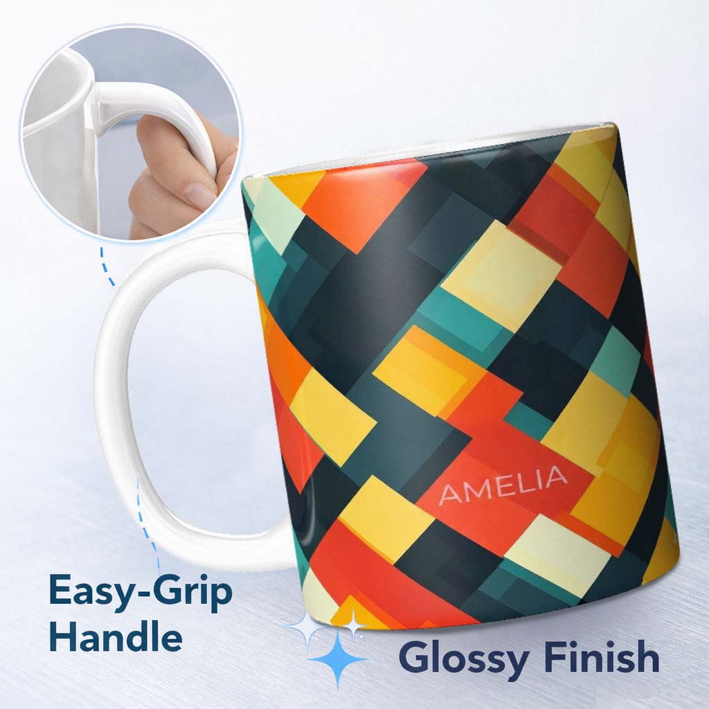 Personalized Custom Name Abstract Layered Geometric Squares Bold Seamless Pattern Name Cute 11oz Ceramic Coffee Tea Mug White Large Handle