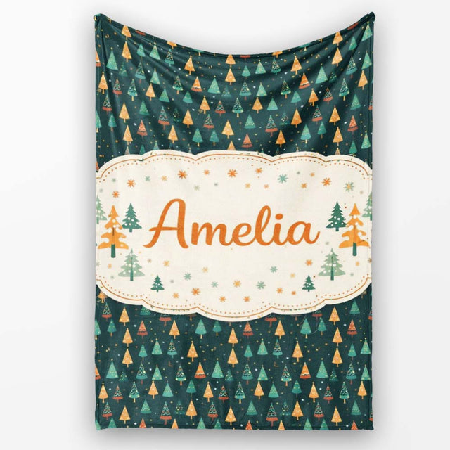 Christmas Tree Festive Pattern Dark Teal Background Seamless Pattern  Personalised Custom Name Super Soft Fleece Blanket Bed Sofa Throw