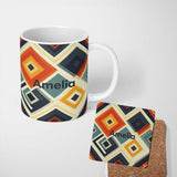 Personalized Custom Name Abstract Concentric Diamond Shapes Seamless Pattern Name Cute 11oz Ceramic Coffee Tea Mug White Large Handle