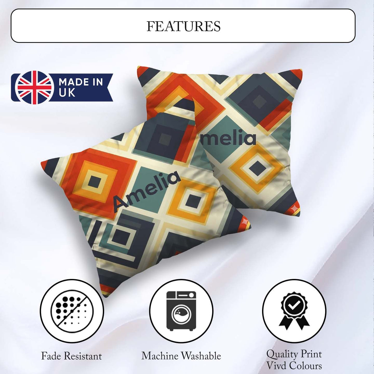 Custom Name Abstract Concentric Diamond Shapes Pattern Name Cute Square Filled Cushion Throw Pillow Sofa Bed Home Decor Zip Washable UK Made