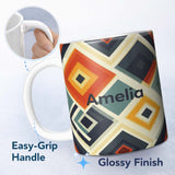 Personalized Custom Name Abstract Concentric Diamond Shapes Seamless Pattern Name Cute 11oz Ceramic Coffee Tea Mug White Large Handle