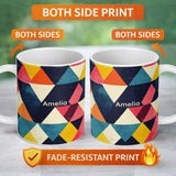 Personalized Custom Name Abstract Colorful Triangle Mosaic Geometric Seamless Pattern Name 11oz Ceramic Coffee Tea Mug White Large Handle